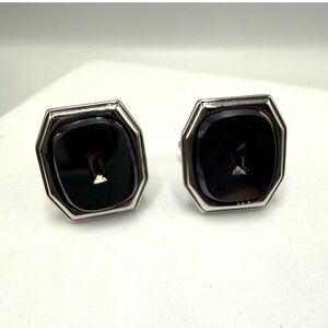 Hickok USA Vintage Mens Octagon Black Cabochon Silver Tone Toggle Cufflinks